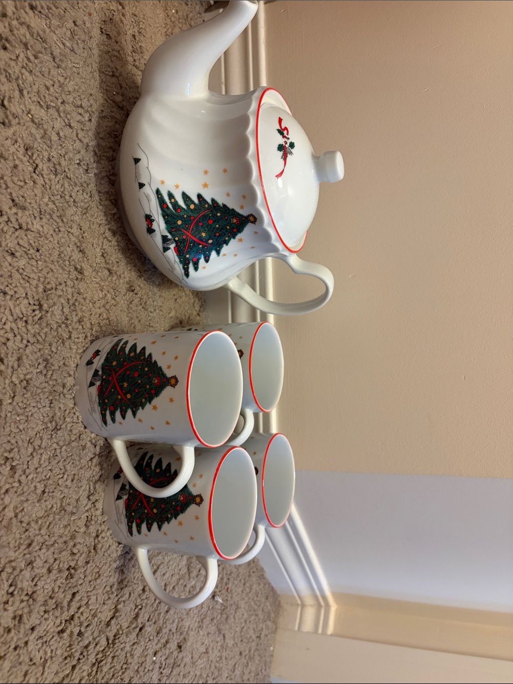 Festive White Christmas Tree Teapot and Mug Set